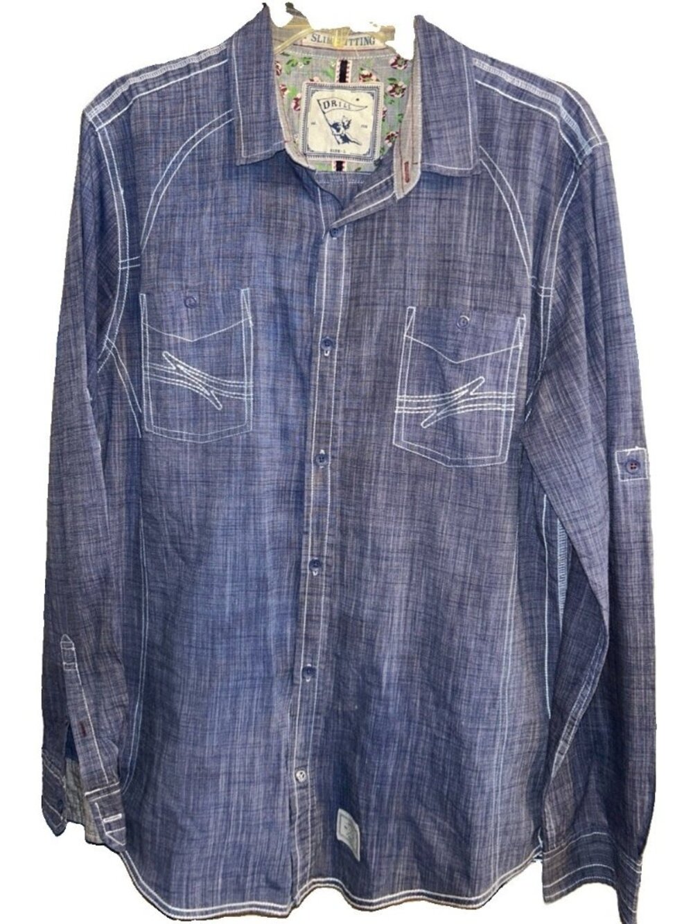 Drill Men’s Large Blue Chambray Denim Long Sleeve Button Up Shirt